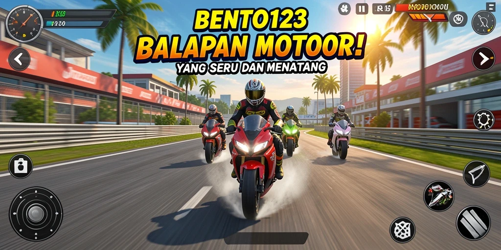 Gameplay seru BENTO123 menampilkan balapan motor yang mendebarkan.