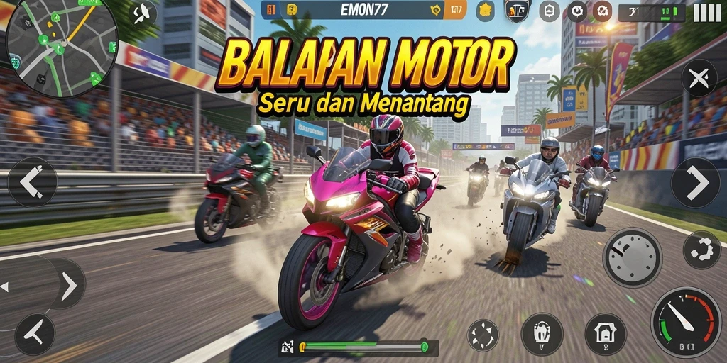 Tampilan menegangkan dari game balapan motor EMON77 dengan grafis yang memukau.