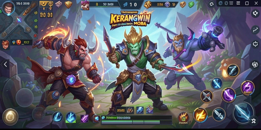 Tangkapan layar utama KERANGWIN menampilkan aksi seru dalam pertarungan MOBA.