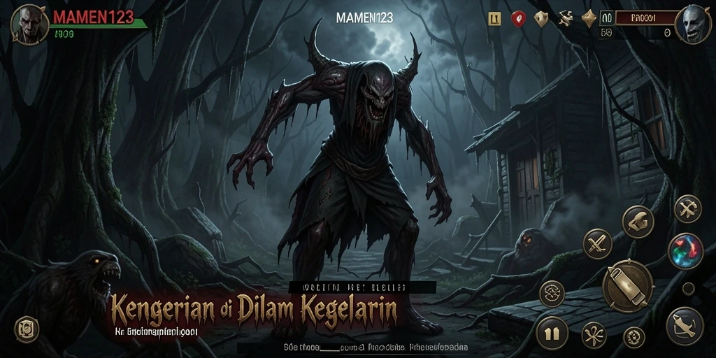 Screenshot gameplay MAMEN123 yang memperlihatkan suasana horor yang menegangkan.