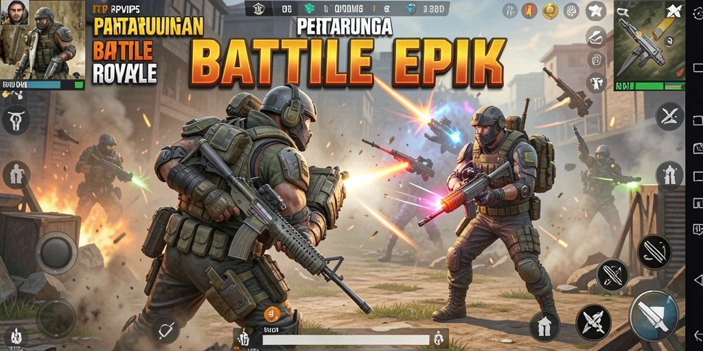 Tangkapan layar gameplay RPVIP5 yang penuh aksi di arena Battle Royale.