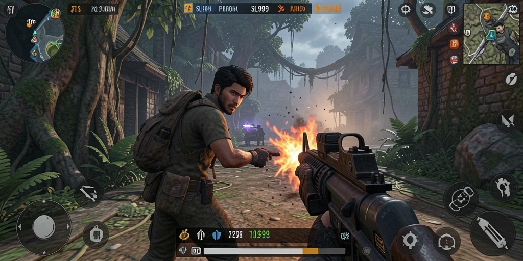 Screenshot utama gameplay SL999 menunjukkan aksi menegangkan dalam TPS.