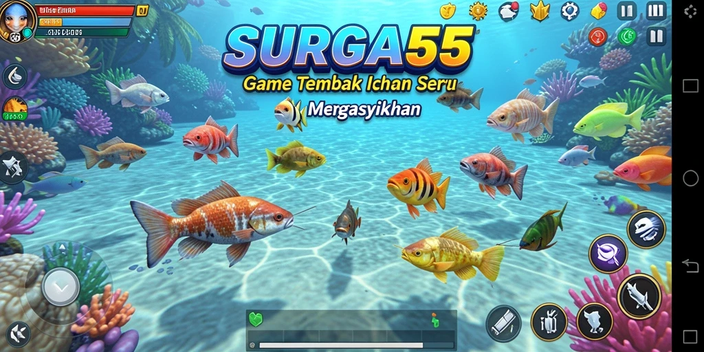 Screenshot utama SURGA55 menampilkan aksi menembak ikan yang seru.
